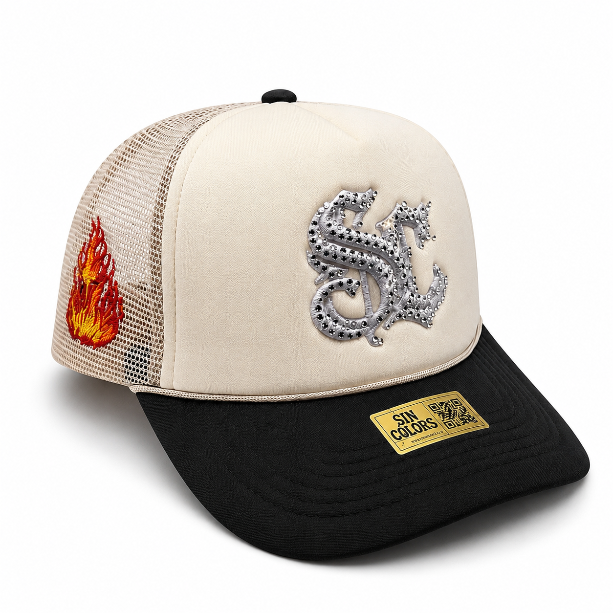 SC *Crystals* Mesh Trucker SnapBack (Beige/Black)